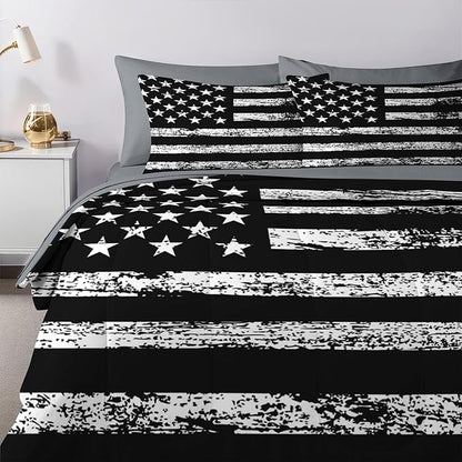 Nesker 5 Pcs Comforter Set Twin Size, Black White USA American Flag Bedding Set for Kids and Adults, Vintage Stars Stripes Flags Boys Bed Sheet Sets with Fitted Sheet Pillowcases & Shams