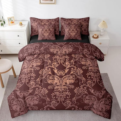Erosebridal Gothic Damask Bed in a Bag King Size Comforter Set 7 Pieces,Butterfly Skull Bedding Sets Brown Victorian Floral Goth Sheet Set with Comforter
