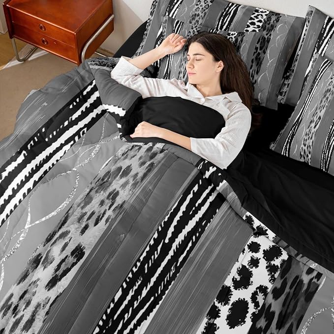 Erosebridal Animal Skin Pattern White Black Geometric Full Comforter Set 7 Pieces | Leopard Print Stripe Bed in A Bag for Bedroom Cheetah Fur Bedding Set with Comforters Women Men Adults Room Decor