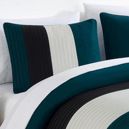 Chezmoi Collection Briar 7-Piece Queen Bed in a Bag - All Season Lightweight Microfiber Comforter Set - Includes Sheets & Shams - Teal/Black/White Pleated Stripe Design