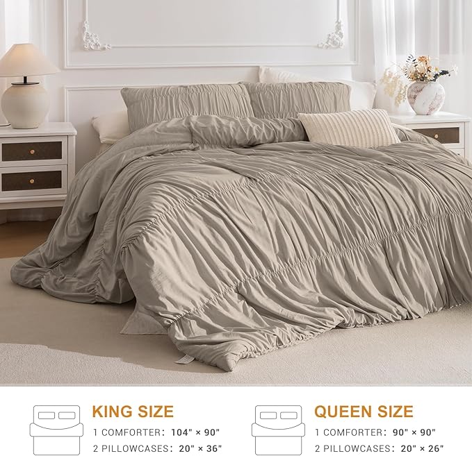 Masaca Queen Comforter Set,Ruched Ruffle Comforter for Queen Bed 3 Pieces Farmhouse Shabby Boho Chic French Country Linen Like Textured Bedding Comforters & Sets Lightweight Ultra Soft