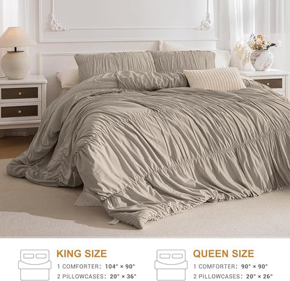 Masaca King Size Comforter Set,Ruched Ruffle King Comforter Shabby Boho Chic French Country Bedding Vintage Linen Like Textured Rustic Farmhouse Bedding Comforter Set 3 Pieces