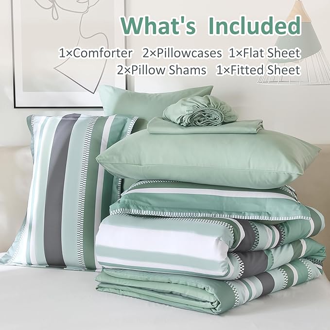 WONGS BEDDING Green Comforter King Size Set, 7 Pieces Bed in a Bag Green and Grey Comforter Set, Soft Boho Striped Bedding Sets with Sheets, Pillowcases & Shams