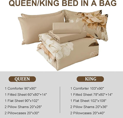 Dobuyly Khaki King Size Comforter Set 7 Piece Bed in a Bag King, Taupe Floral Fall Comforter Set with Sheets, Soft Microfiber Farmhouse Complete Bedding Set for All Season