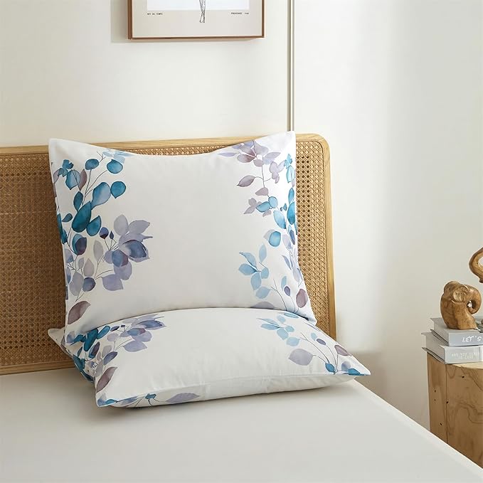 mixinni Floral White Comforter Set Full Size, Farmhouse Bedding Sets Soft Fluffy Fresh Blue/Purple Leaves Comforter for All Season, 3 Pieces Cute Floral Bedding Comforter Set for Women
