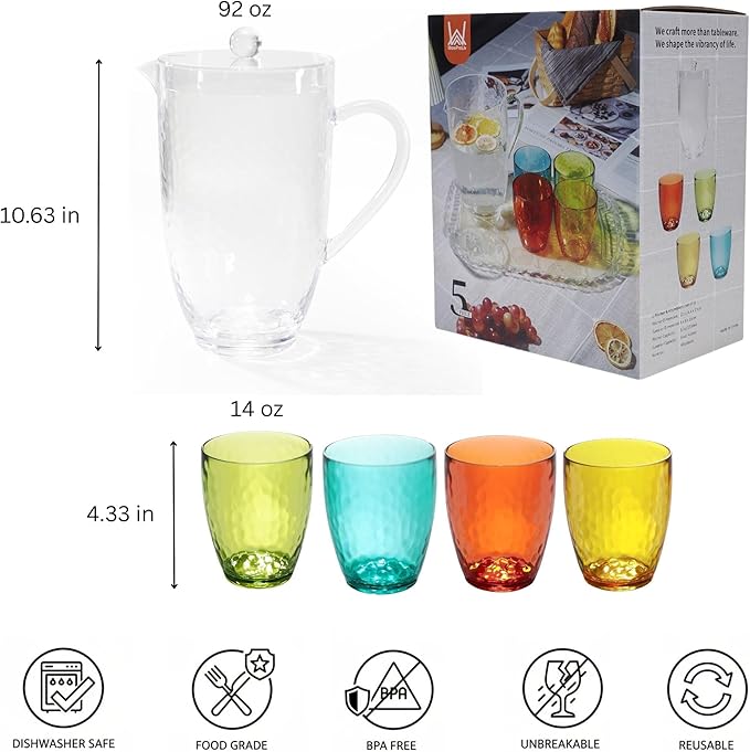 Pitcher with Lid and 4 Tumblers Set, 92oz Plastic Water Jug, BPA-Free Beverage Pitcher for Fridge, Large Drink Carafe for Party, Juice, Ice Tea, Sangria, Lemonade, (Set of 5 in Gift Box)