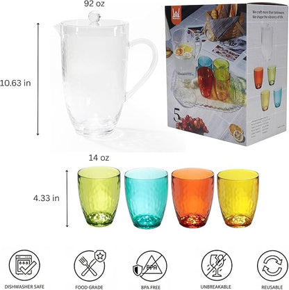 Pitcher with Lid and 4 Tumblers Set, 92oz Plastic Water Jug, BPA-Free Beverage Pitcher for Fridge, Large Drink Carafe for Party, Juice, Ice Tea, Sangria, Lemonade, (Set of 5 in Gift Box)