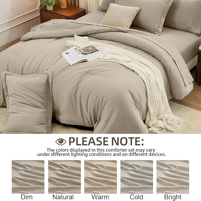 FUANNA Twin Comforter Set Oatmeal, 5 Pieces Soft Twin Size Bedding Sets, All Season Lightweight Bed in a Bag with Comforter, Flat Sheet, Fitted Sheet, Pillowcase & Sham