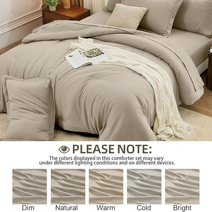FUANNA Twin Comforter Set Oatmeal, 5 Pieces Soft Twin Size Bedding Sets, All Season Lightweight Bed in a Bag with Comforter, Flat Sheet, Fitted Sheet, Pillowcase & Sham