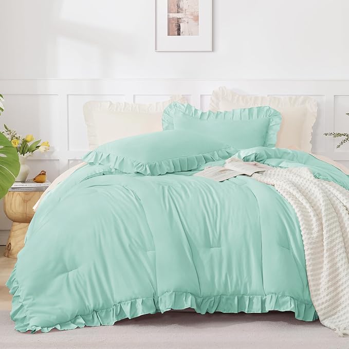 Andency Mint Green California King Comforter Set, 3 Pieces Shabby Chic Ruffle Solid Cal King Bedding Sets, Oversized All Season Soft Lightweight Down Alternative Bed Set for Adults Men Women