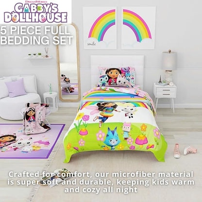 DreamWorks Gabby's Dollhouse Cakey, Mercat and Pandy Kids Bedding Super Soft Comforter and Sheet Set, 5 Piece Full Size, (Official Licensed Product) by Franco