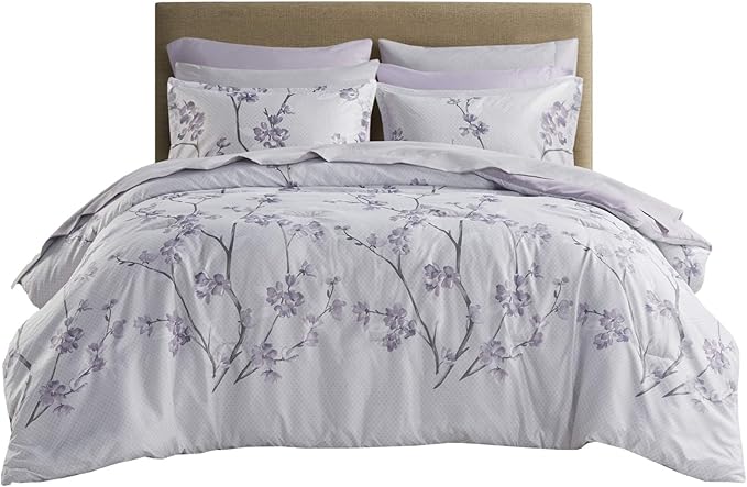 Comfort Spaces Bed in A Bag - Trendy Casual Design Cozy Comforter with Complete Sheet Set with Side Pocket, All Season Cover, Matching Shams Queen(90"x90"), Kate, Grey/Purple 9 Piece