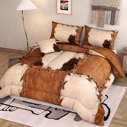 Namoxpa6 Pieces Cow Comforter Sets,3D Brown Vintage Retro Cowhide Pattern,Decorative 6 Piece Bedding Sets with Comforter,Flat Sheet,Fitted Sheet,Throw Pillow Cover,Pillow Shams,Queen Size