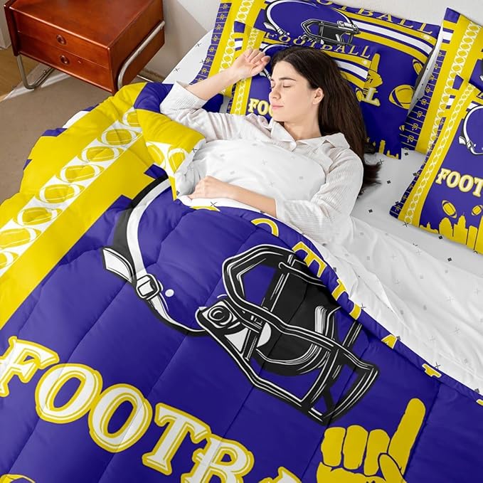 Feelyou Football 7 Pieces Comforter Sets Rugby Sports Bedding Set Queen Size Sports Theme Bed in a Bag with Comforter, Sheets, Pillowcases & Cushion Cover