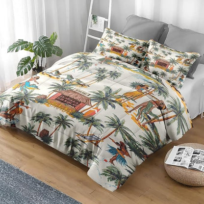 Comforter Set Twin Size, Summer Tropical Hawaii Soft 2 Pcs Bedding for Kids and Adults, Beach Hawaiian Palm Tree Leaf Comforter Set with Pillowcase, for Bedroom Bed Decor