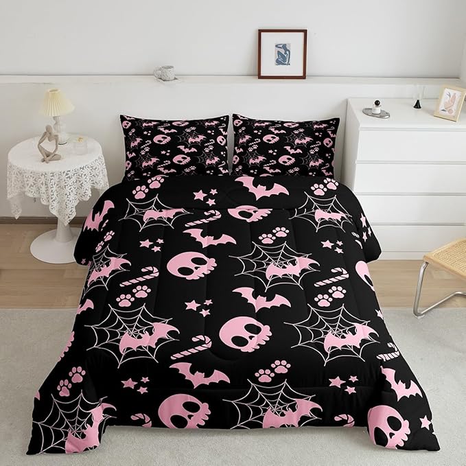 Erosebridal Cute Pink Halloween Queen Comforter Set Spider Web Skull Bat Bedding Set Spooky Goth Gothic Animal Bed Set Horror Halloween Quilt Set for Kids Teens Adults