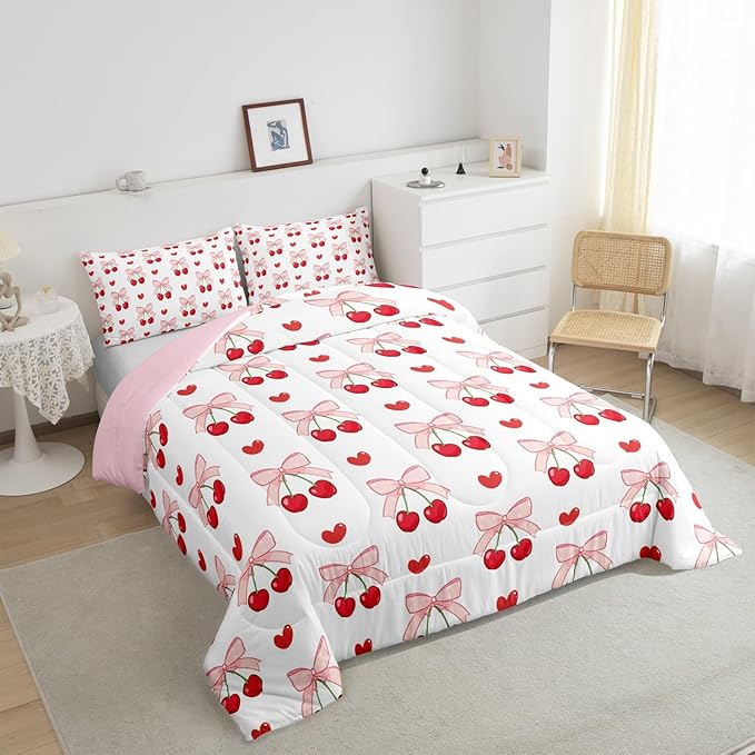 Pink Bow Girlish Kids Comforter Set Full Size,Bowknot Cherry Tropical Fruit Cartoon Bedding Set,Girls Women Room Decor,Cute Princess Style Down Comforter,Pink Bow Tie Duvet Insert,2 Pillowcases