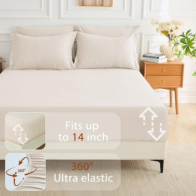 MUXHOMO 7 Pieces Full Comforter Set, Soft Bed in a Bag Full Size, All Season Bedding Set with Comforter, Flat Sheet, Fitted Sheet, Pillowcases & Shams, Beige