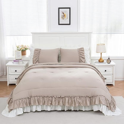 Bedding_Dreamer Boho Comforter Set Queen Size Farmhouse Comforter Shabby Chic 2 Layers Ruffles Decor Ultra Soft Washed Microfiber Taupe Bed Comforter Set 1 Comforter 2 Pillowcases (Taupe, Queen)…