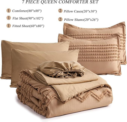 KAKIJUMN Khaki Tufted Comforter Set Queen Size 7 Piece Bed in a Bag, Shabby Chic Boho Comforter and Sheet Set, All Season Soft Microfiber Complete Bedding Set(Khaki,Queen)