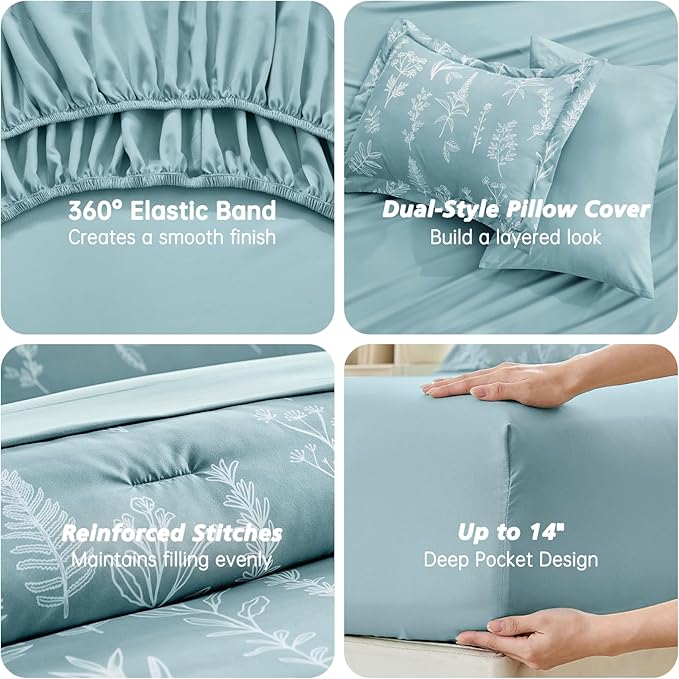 MUXHOMO Blue Bed in a Bag Queen 7 Pieces, Queen Comforter Set Reversible Botanical Flowers Design, Ultra Soft & Breathable Bedding Sets with Comforter, Sheets, Pillowcases & Shams