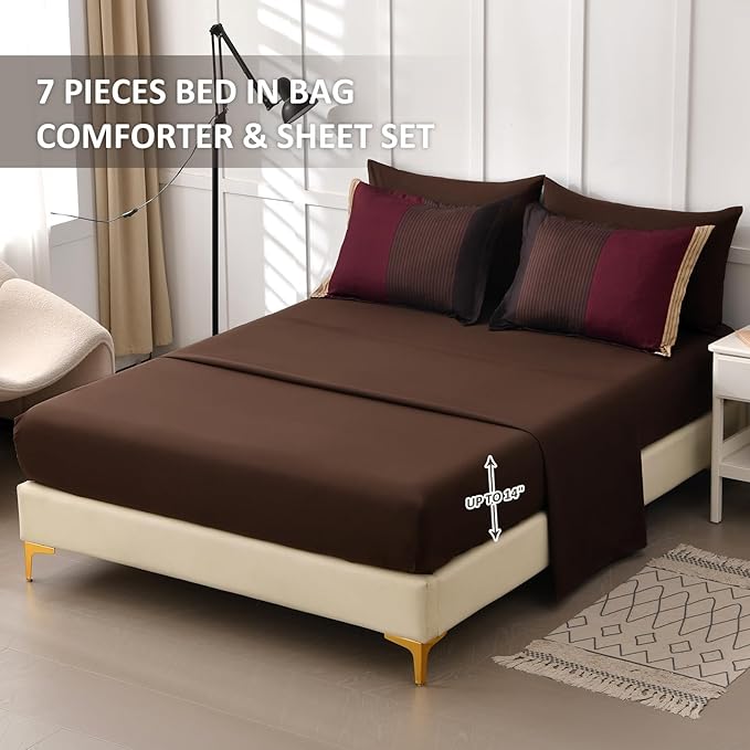 Anibedding Red and Brown Comforter Set Queen Size, Boho Burgundy Striped Bedding Comforter Set 7 Piece Bed in a Bag, Soft Microfiber Down Alternative Farmhouse Bedding Set for All Season(90"x90")