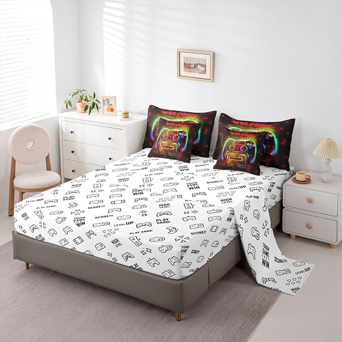 jejeloiu Cool Gamer 7 Piece Bedding Set King Size for Boys 3D Gaming Comforter Set with Sheets Kids Teens Bright Red Bed in a Bag Modern Game Console Bed Set