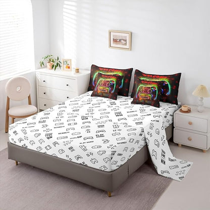 jejeloiu Cool Gamer 7 Piece Bedding Set King Size for Boys 3D Gaming Comforter Set with Sheets Kids Teens Bright Red Bed in a Bag Modern Game Console Bed Set