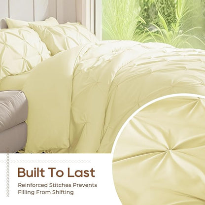 Sasttie King Size Comforter Set, 7-Piece Bed in a Bag, Pintuck Bedding Set for All Season, Includes Comforter, Flat Sheet, Fitted Sheet, Pillowcases and Pillowshams, Cream Yellow