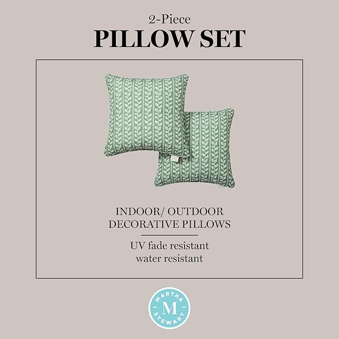 Martha Stewart Vineyard Vines Indoor Outdoor Decorative Pillow 2-Pack Set, UV Fade Resistant, Water Repellent, Printed Garden Design, Green, 18"x18"