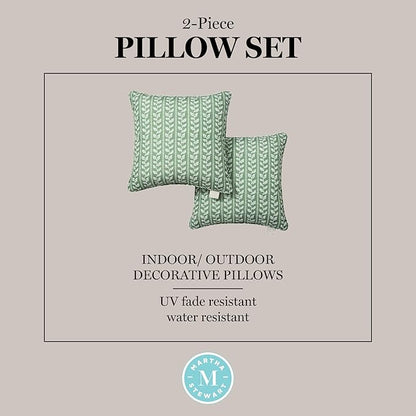 Martha Stewart Vineyard Vines Indoor Outdoor Decorative Pillow 2-Pack Set, UV Fade Resistant, Water Repellent, Printed Garden Design, Green, 18"x18"