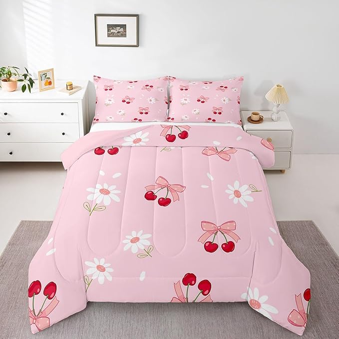 Pink Bowknot Girly Comforter Set King Size,Bow Daisy Flowers Plant Cute Bedding Set,Girls Women Room Decor,Cherry Bow Tie Princess Castle Down Comforter,Pink Romantic Duvet Insert,2 Pillowcases