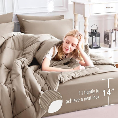 CozyLux Queen Comforter Set Khaki, 7 Pieces Bed in a Bag, Khaki Comforter Queen Size, All Season Bedding Sets with Stitch Quilted Comforter, Flat Sheet, Fitted Sheet, Pillowcases