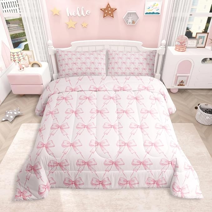 Feelyou Bow Comforter Set Queen Size Pink Girls Bow Bedding Set Boys Girls Cute Bowknot Comforter for Kids Women Men Kawaii Duvet Set Bow and Stripes Quilt Set 3Pcs