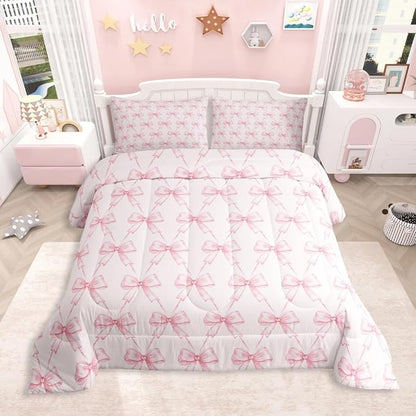 Feelyou Bow Comforter Set Queen Size Pink Girls Bow Bedding Set Boys Girls Cute Bowknot Comforter for Kids Women Men Kawaii Duvet Set Bow and Stripes Quilt Set 3Pcs