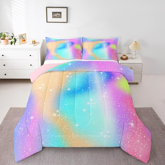Feelyou Glitter Galaxy Bedding Set Soft for Boys Girls, Cute Rainbow Comforter Set Queen Size Tie Dye Ombre Duvet Quilt Microfiber Lovely Kids Rainbows Bedroom Decor 3 Pcs with 2 Pillow Cases
