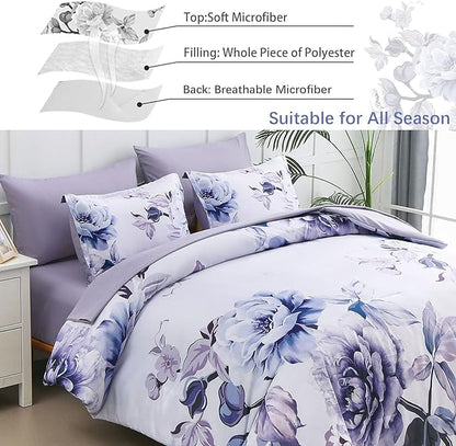 Drucon Purple Floral Comforter Set King, 7 Pieces Bed in a Bag Botanical Floral Comforter Soft Microfiber Purple Bedding Set King Size Bed with Sheet and Pillowcase