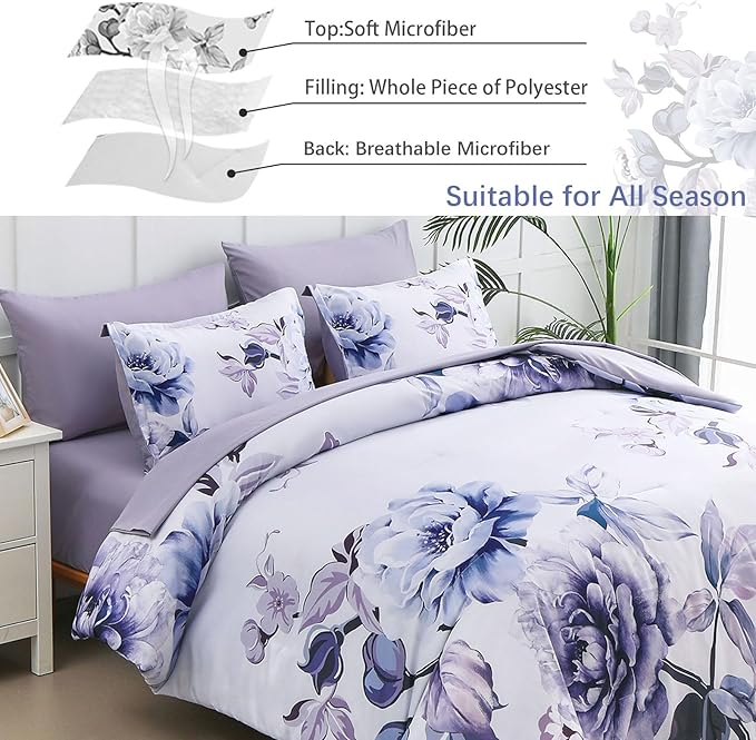 Drucon Purple Floral Comforter Set Queen, 7 Pieces Bed in a Bag Botanical Floral Comforter Soft Microfiber Purple Bedding Set Queen Size Bed with Sheet and Pillowcase
