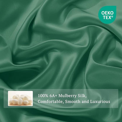 THXSILK 6A+ Top Grade 100% Pure Mulberry Silk Cal. King Fitted Sheet 3Pcs Set Bed Sheets Luxury Bedding for Hair and Skin Cooling Soft Durable, 1 Fitted Sheet with 2 Pillowcases, Emerald Green