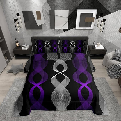 Erosebridal Purple and Black Comforter Set Full,Boho Abstract Purple Striped Bedding Set, Modern Aesthetic Wavy Line Comforter, Contemporary Gradient Geometric Stripes Quilt for Men Adults Bedroom