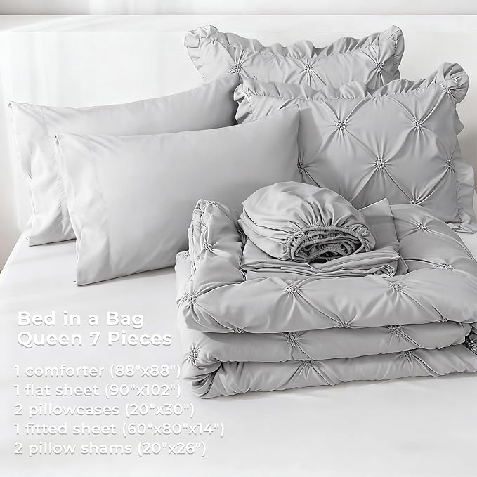 JOLLYVOGUE Grey Queen Comforter Set, 7 Pieces Pintuck Comforters Queen Size, Bed in a Bag Queen Comforter for Bedroom, Bedding Comforter Sets with Comforter, Sheets, Ruffled Shams & Pillowcases
