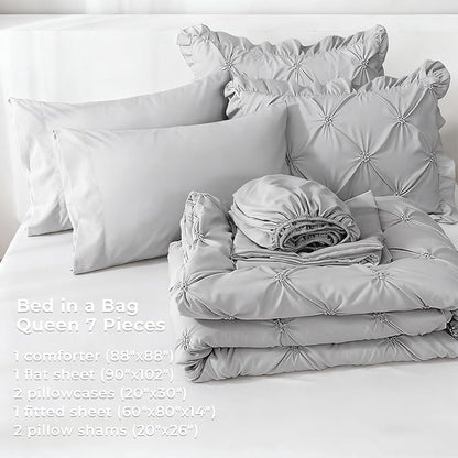 JOLLYVOGUE Grey Queen Comforter Set, 7 Pieces Pintuck Comforters Queen Size, Bed in a Bag Queen Comforter for Bedroom, Bedding Comforter Sets with Comforter, Sheets, Ruffled Shams & Pillowcases