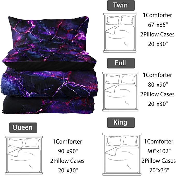 Purple Comforter Set Queen Size，Purple Marble Bedding Set 3 Pcs Bedding for Adults,Violet Marble Room Decor with Soft and Lightweight Comforter and 2 Pillowcases