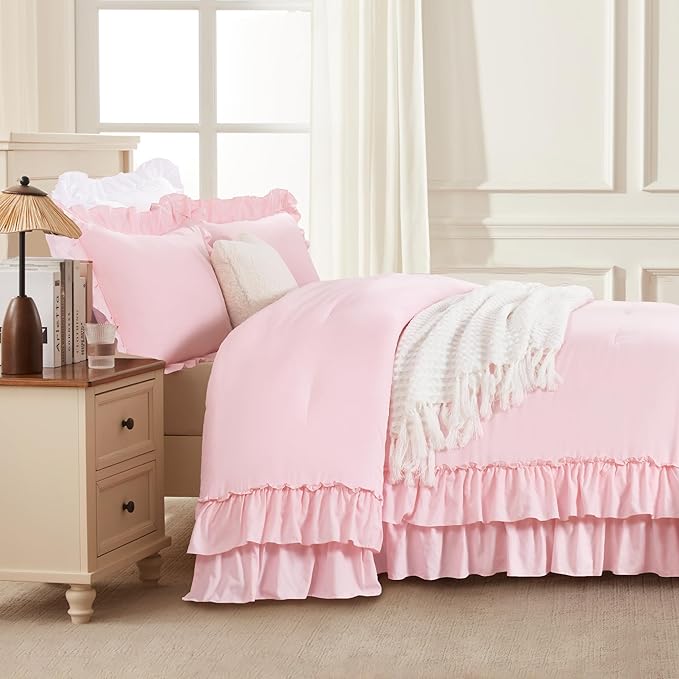Andency Super King Plus Ruffle Comforter Set, 3 Pieces Cute Farmhouse Shabby Chic Bedding Set, Soft Lightweight Ruffled Oversized California King Comforter 128x120 (1 Comforter 2 Pillowcases), Pink