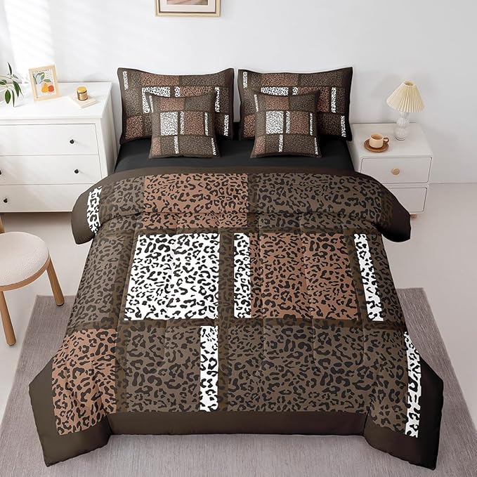 Leopard Print Bedding Set 7 Pcs King,Brown White Wild Animal Skin Comforter Sets for Adult Women Bedroom,African Cheetah Wildlife Patchwork 7pcs Bed in a Bag with Comforter,Sheets and Pillow Cases