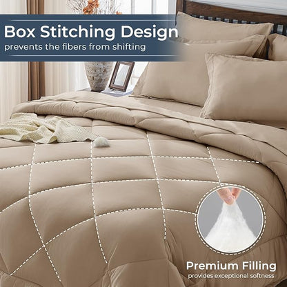 HEVUMYI Khaki Full Comforter Set - 7-Piece All Season Bed in a Bag Full, Ultra Soft Bedding Set with Comforter, Flat Sheet, Fitted Sheet, Pillowcases, Pillow Shams