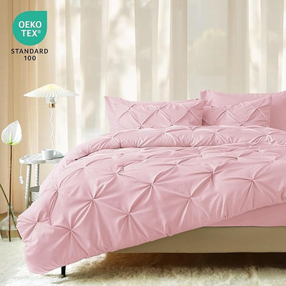 JOLLYVOGUE Twin Comforter Set 5 Pieces - Bed in a Bag Twin for All Season, Pintuck Bedding Comforter Sets with Comforter, Flat Sheet, Fitted Sheet and Pillowcases & Shams, Baby Pink