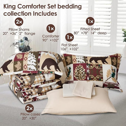 Comforter Set King Size Plaid Patchwork Comforter Bedding-7 Piece Bed in a Bag,Soft Reversible Bear Moose Microfiber Bedding Set(1 Comforter,1 Flat Sheet,1 Fitted Sheet,2 Pillowcases,2 Pillow Shams)