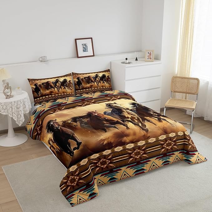 Feelyou Boho Comforter Set Full Size Horses Comforter Southwestern Native Aztec Bedding Set Retro Exotic Boho Duvet Set Room Decor Dark Brown Quilt Set