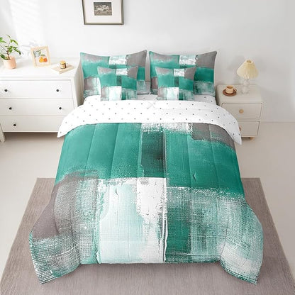 Light Green White Grey King Comforter Set 7-Piece Aesthetic Bed in a Bag, Gradient Bedding Comforter Sets Modern Bedding Set (Comforter, Fitted Sheet, Flag Sheet, Pillowcase, Throw Pillow Cover)
